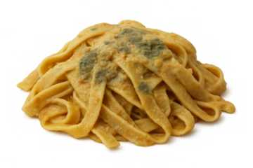 Spoiled pasta with visible mold on transparent background