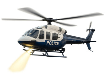 Police helicopter flying with searchlight on transparent background