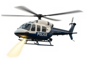 Police helicopter flying with searchlight on transparent background