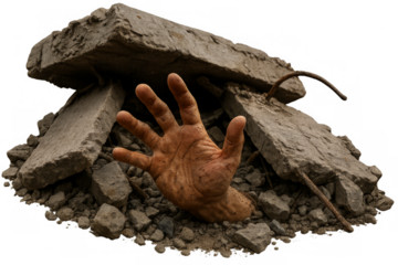Hand reaching from rubble after disaster needing help