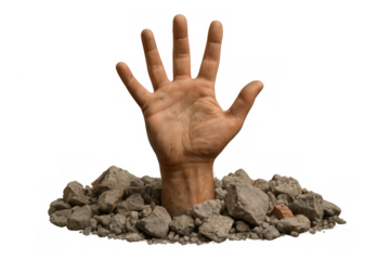 Hand reaching out from rubble asking for help