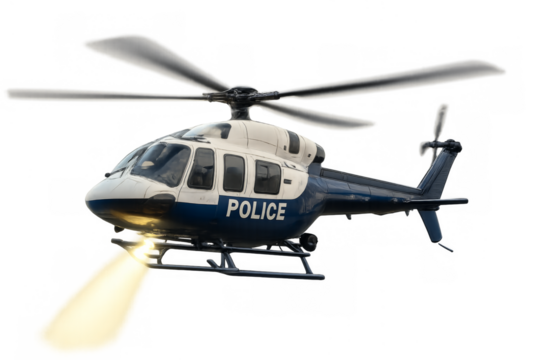 Police helicopter flying with searchlight on transparent background