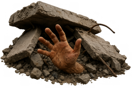 Hand reaching from rubble after disaster needing help