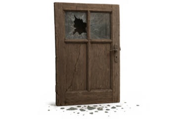 Old wooden door having broken glass panel