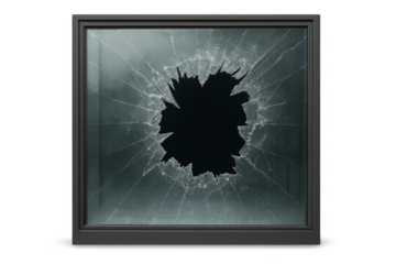 Window pane with broken glass and hole on transparent background