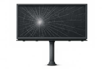 Billboard with shattered black screen creating impact damage