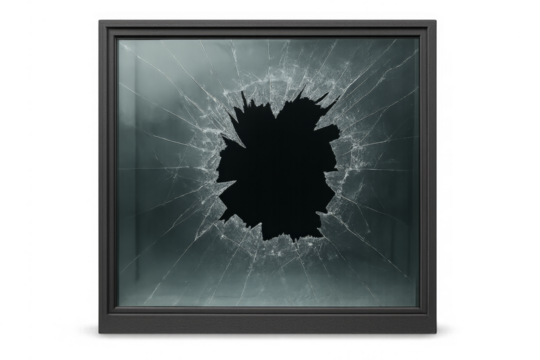 Window pane with broken glass and hole on transparent background