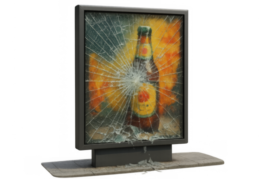 Broken glass billboard showing beer advertisement