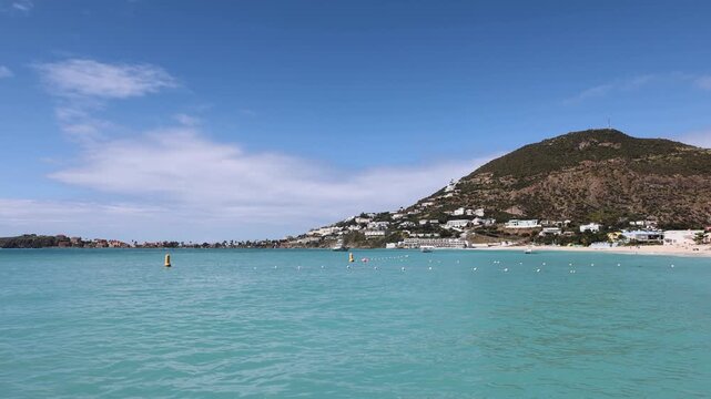 Caribbean vacation in Philipsburg, Sint Maarten scenic panoramic shoreline and sand beaches, view from the cruise ship