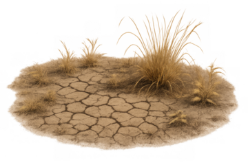 Cracked dry land with withered grass displaying drought