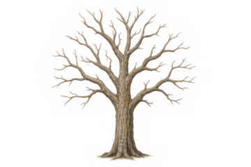 Bare tree with trunk, branches on transparent background