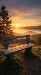 Fototapeta premium Weathered wooden bench offers a tranquil view of a misty, sunlit valley landscape during a spectacular golden sunrise ,wood ,nature ,destination
