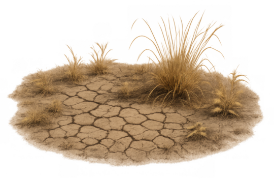 Cracked dry land with withered grass displaying drought