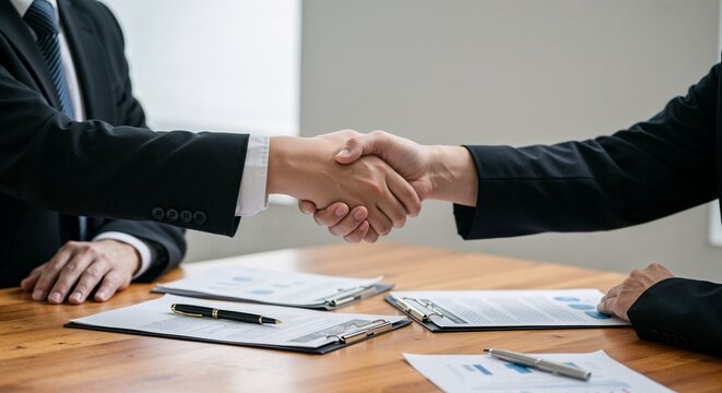 Business partners shaking hands over documents on wooden table  