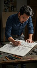 Man sketching architectural designs at desk with colored pencils  