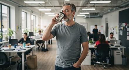 Middle-aged man drinking coffee while standing in modern office  