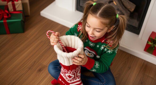 Cheerful young girl in green holiday sweater with snowman pattern examining candy cane from red and white knitted Christmas stocking, sitting on wooden floor indoors - Powered by Adobe