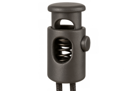 Black plastic cord lock stopper securing drawstring