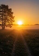 Fototapeta premium Intense golden glow as the sun rises, casting long shadows across the misty morning landscape. Beautiful natural light effect ,spring ,intense ,bright
