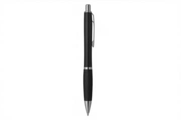 Black ballpoint pen standing vertically on transparent background