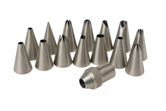 Metal piping tips for cake decorating, transparent background