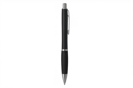 Black ballpoint pen standing vertically on transparent background