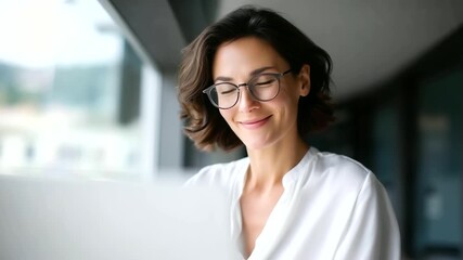 Professional woman in glasses working on computer near window, modern office interior, bright natural lighting, urban city view, thoughtful expression, business and  - Powered by Adobe