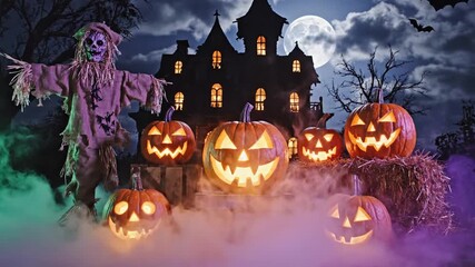 Halloween night scene with illuminated pumpkins and spooky background