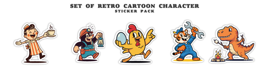 Naklejka premium Set of Retro Cartoon Characters - Chef, Mechanic, Chicken, Super