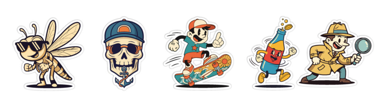 Collection of Cartoon Characters - Cool Bee, Skull with Cap, Ska