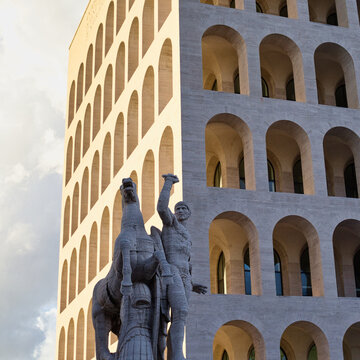 View of the Palazzo della Civilt&agrave; Italiana, also known as the Square Colosseum, in the EUR district of Rome, Italy.