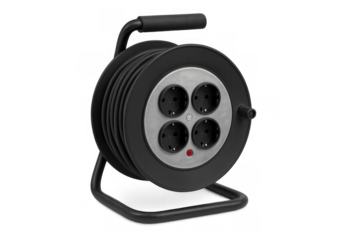 Black cable reel power strip with four outlets