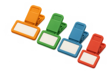 Colorful plastic blank label clips on transparent background