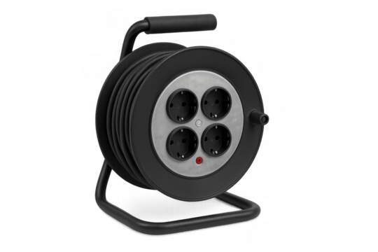 Black cable reel power strip with four outlets