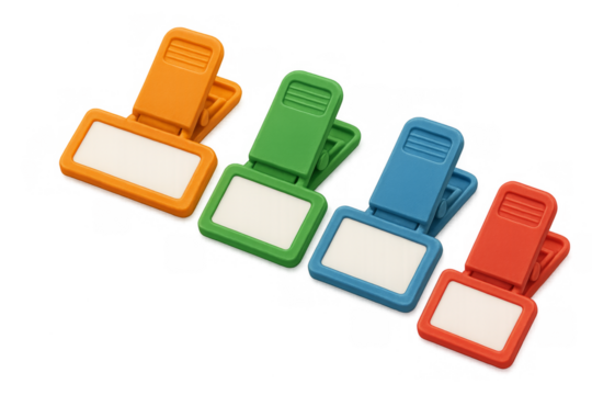 Colorful plastic blank label clips on transparent background
