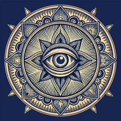Obraz premium All Seeing Eye Mandala with Sun Rays and Stars eye of providence