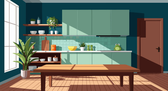 A modern sunlit kitchen interior with green cabinets, a wooden dining table, and houseplants. A cozy home dining room scene, flat vector illustration background