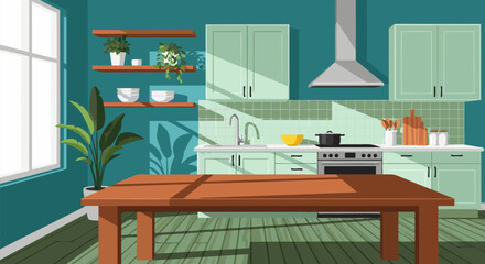 Modern kitchen interior with furniture and sunlight from window. Cozy home cooking area vector illustration background