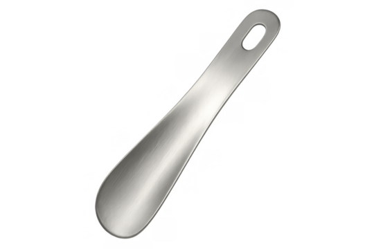 Stainless steel metal shoehorn aiding with putting on shoes