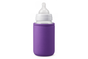 Baby bottle in purple insulated sleeve, transparent background