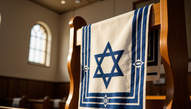 Prayer shawl tallit hanging in synagogue interior with Star of David  