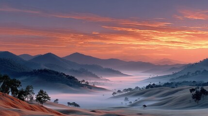 A misty valley scene with rolling hills and a vibrant sunset sky
