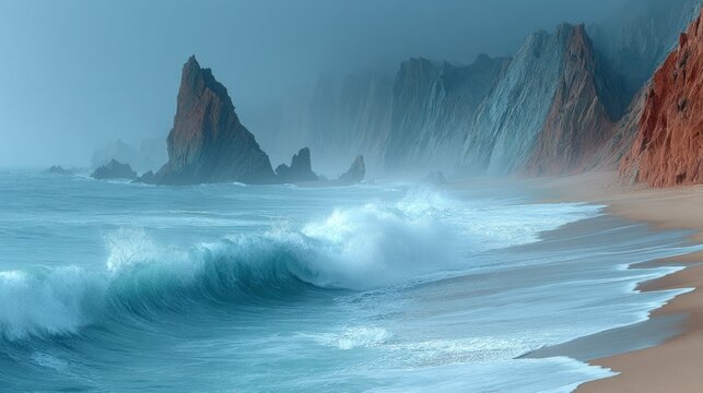 A misty coastal scene with waves crashing on a sandy beach near weathered rock formations - Powered by Adobe