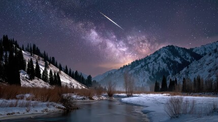 A night scene with a river in a snowy valley under a starry sky and a meteor