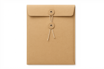 Brown paper envelope with string closure on transparent background