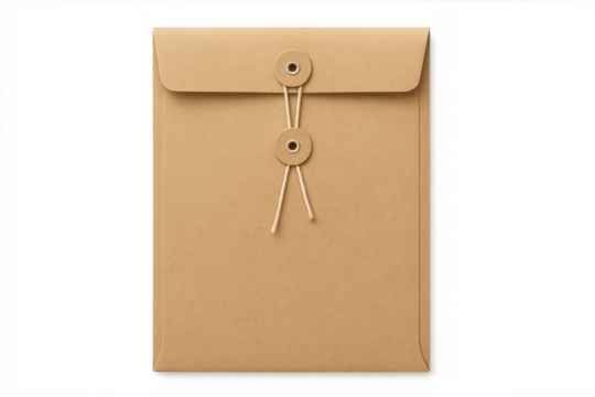 Brown paper envelope with string closure on transparent background