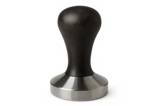 Coffee tamper with dark wooden handle and metal base
