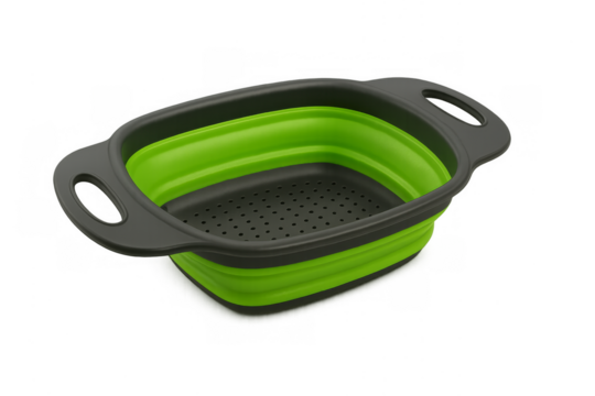 Green collapsible silicone colander for kitchen straining pasta