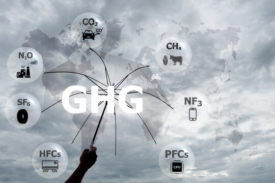 GHG text on umbrella up to cloudy sky background and icons about greenhouse gases that cause global warming and climate change.