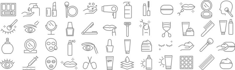beauty, cosmetics, makeup, skincare, personal care, hygiene, icons, set, collection, editable, line art, vector, concept, fashion, glamour, health, wellness, treatment, application, product, lipstick,